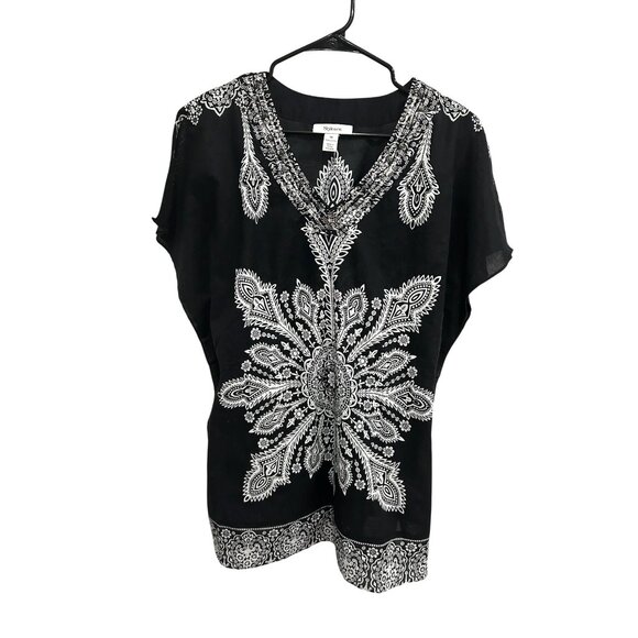 Style & Co Floral Paisley V-Neck Tunic Top Black White Sz 14 Studded Bohemian - Picture 1 of 9